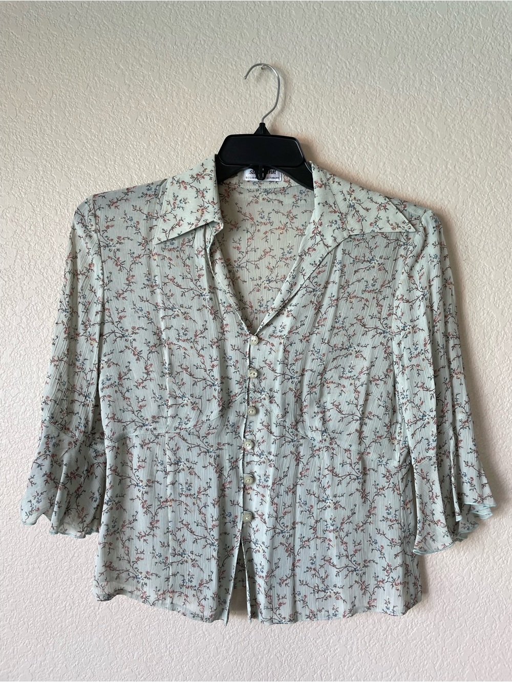 Vintage Steilmann Pale Green Floral Chiffon Blouse ¾ Sleeve Fit Flare Small